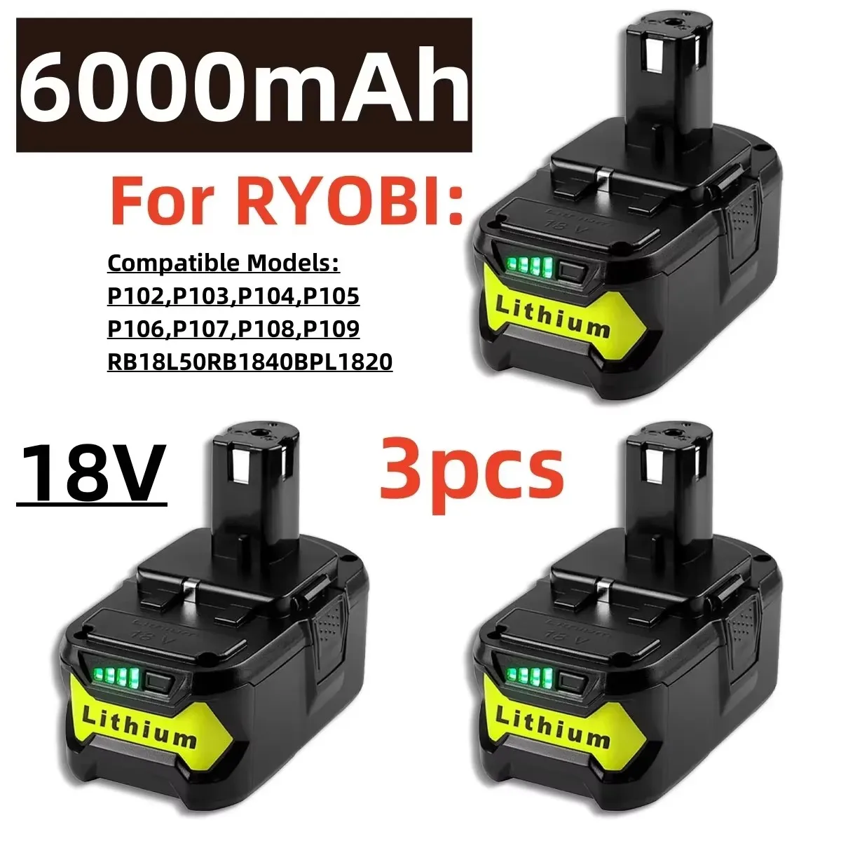 Suitable for Ryobi 18V lithium-ion batteries, 18V （6.8Ah 9.8Ah 12.8Ah）for P108 P104、P107、RB18L50、RB18L20、P108