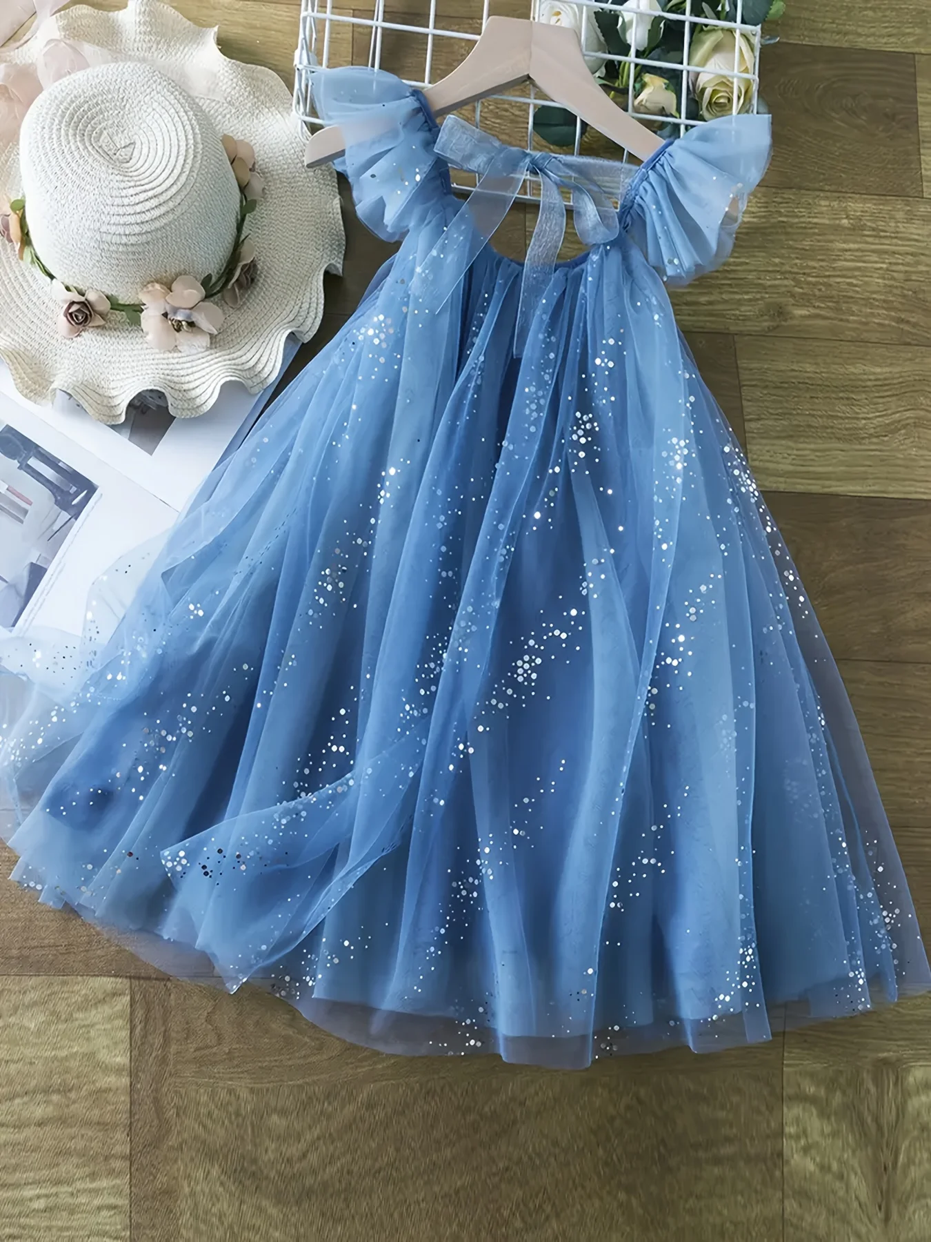 Girls Blue Dress for 2024 Summer Kids Evening Party Mesh Princess Costume Ruffles Mesh Tutu Elegant Children Casual Vestidos