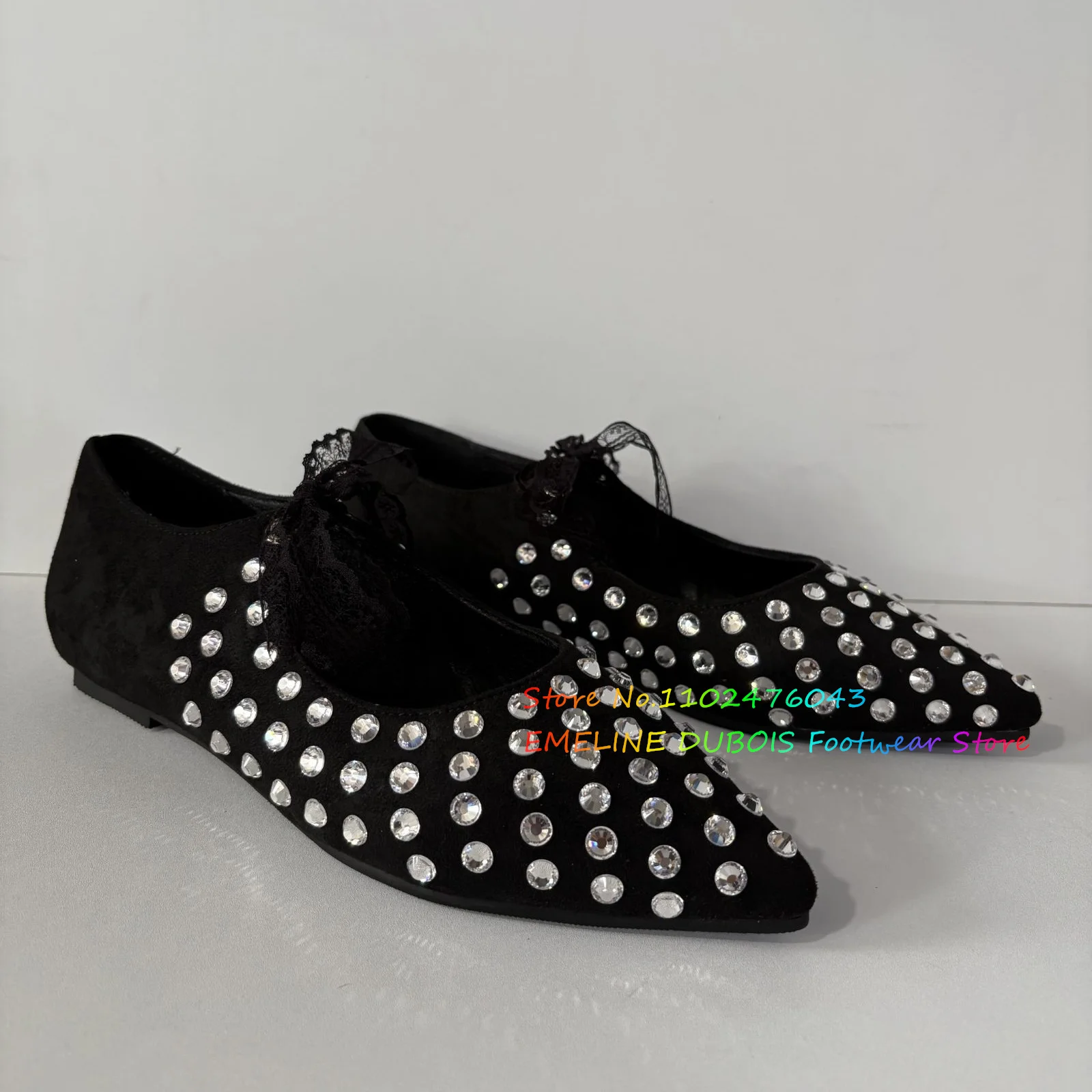 

Туфли на плоской подошве со стразами и бусинами, женские туфли с острым носком, кружевные ремешки, повседневные удобные однотонные черные роскошные лоферы на шнуровке