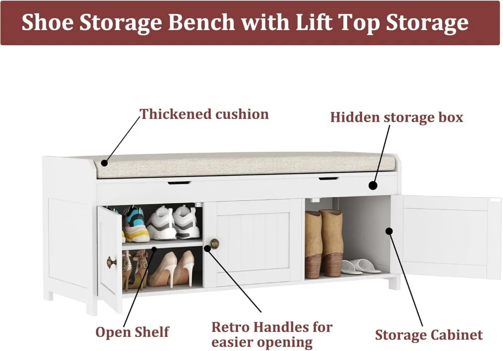 مقعد أحذية قابل للرفع مقاس 41.3 بوصة مع مساحة تخزين، مقعد مبطن للمدخل، غرفة النوم، أبيض #6