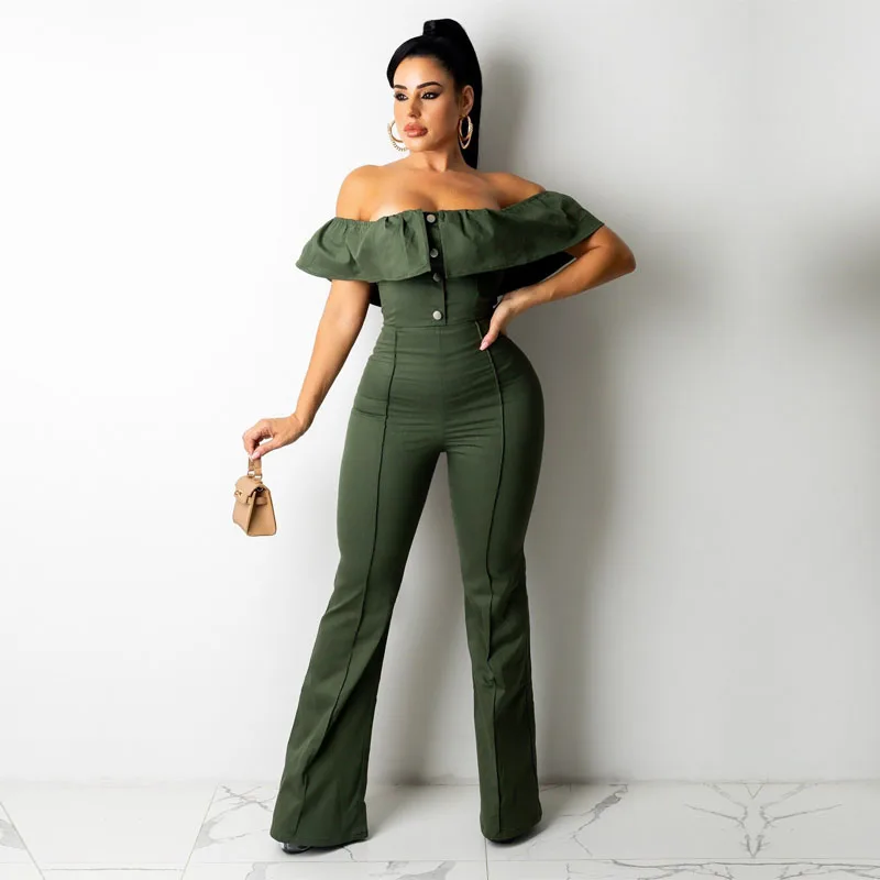 Fashion Ruffled One Shoulder Jumpsuit Women Solid High Waist Elastic Slim Fit Long Pants for Ladies Cocktail Birthday Party