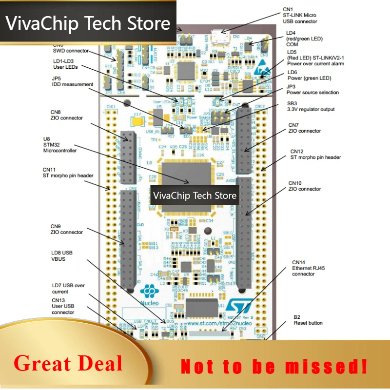 VivaChip TechNUCLEO-F767ZI Development Board STM32F767ZIT6 Cortex-M7 216MHz 2MB Flash 512KB RAM
