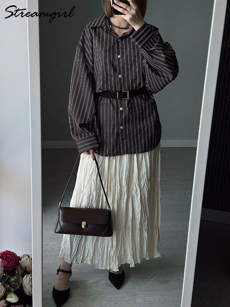 Luźne koszule w paski damskie brązowe z długim rękawem typu nietoperz do biura bluzki damskie oversize eleganckie niebieskie koszule