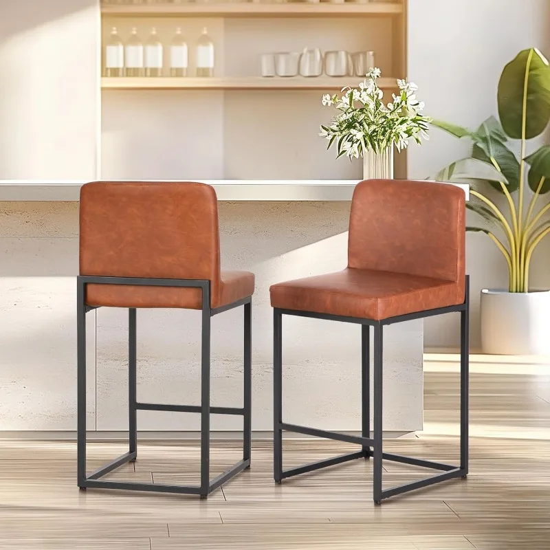 Modern Counter Height Bar Stool, fezes de couro PU, encosto estofado, 4 polegadas, 24 polegadas