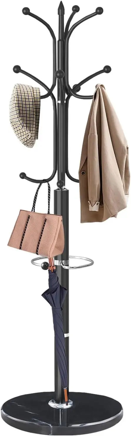 Modern Coat Rack Stand,Heavy-Duty Coat Racks with Umbrella Holder,Black Coat Hanger Stand with 12 Hooks for Office, Entryway, Hallway