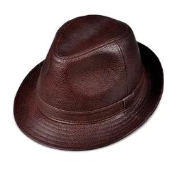 2024 Autumn Men Real Genuine Cowhide Leather Top Hats Men Fashion Caps Winter Warm New Cowboy 100% Real Cowhide Leather Hats