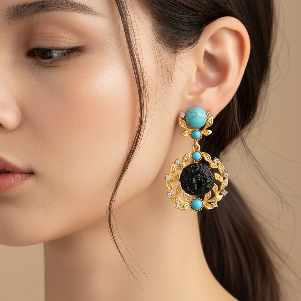 Vintage 18K Gold Plated Drop Earrings with Turquoise & Black Carved Stone - Elegant Roman Head Relief Dangle Earrings for Women