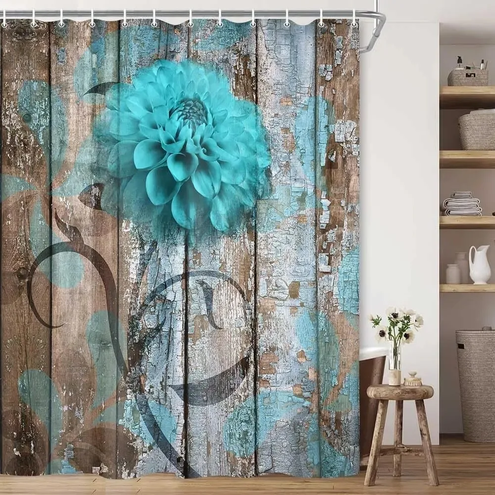 

Farmhouse Flower Floral Printed Shower Curtain Rustic Teal Turquoise Dahlia for Bathroom Decor