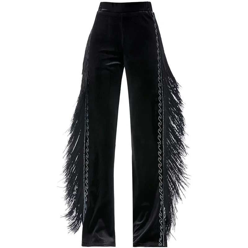 Fringe Pants Latin Dance Women Practice Clothes Cha Cha Samba Tango Dance Wear with Tassels Velvet Trousers Rhinestone Pant