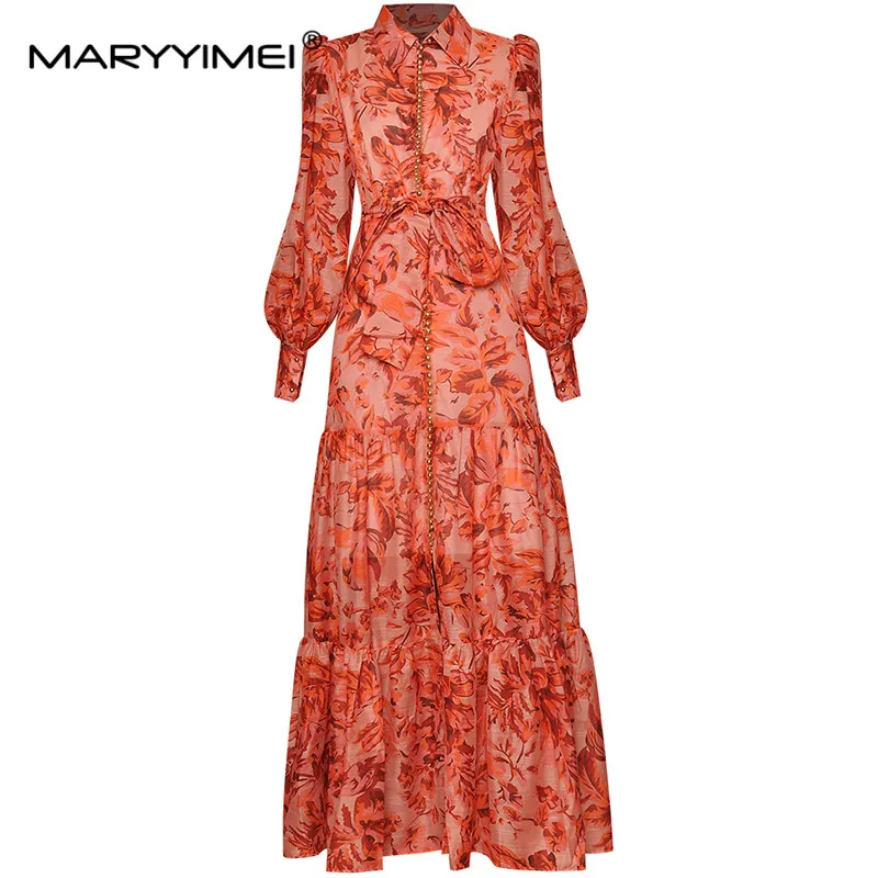 MARYYIMEI New Fashion Designer Summer Dress Women\'s Lantern Sleeve Single-breasted Lace up Floral print Party Midi Dress