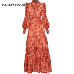 MARYYIMEI New Fashion Designer Summer Dress Women's Lantern Sleeve Single-breasted Lace up Floral print Party Midi Dress