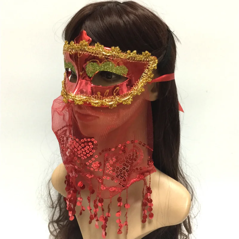 Halloween Mask Belly Dance Costume Headdress Makeup Dance Party Indian Ribbon Veil Gold Powder Sequins