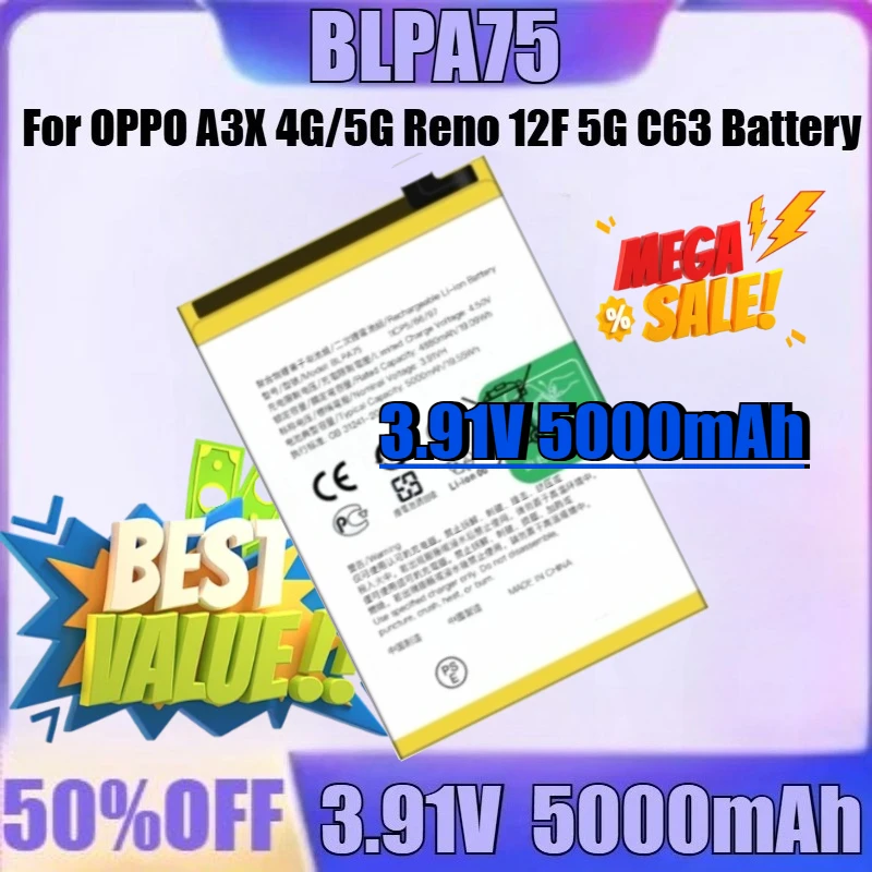 

New BLPA75 BLPA77 BLPA79 BLPA83 5000mAh/5100mAh High Quality Battery for OPPO A3X 4G/5G Reno 12F 5G C63 Battery