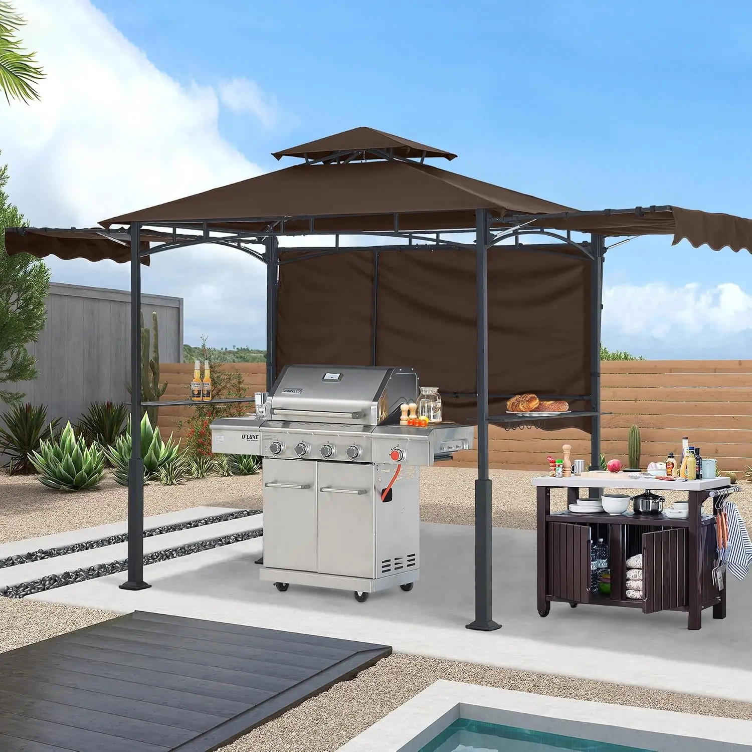 Grill Gazebo 14x5 with 3 Side Awnings & 2 LED Lights, Brown, Customized