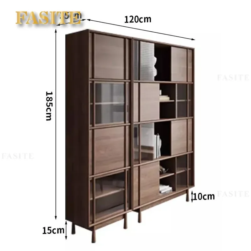 For North American Black Walnut Solid Wood Bookcase Combination Storage Cabinet Modern Simple Glass Door Study Newspaper