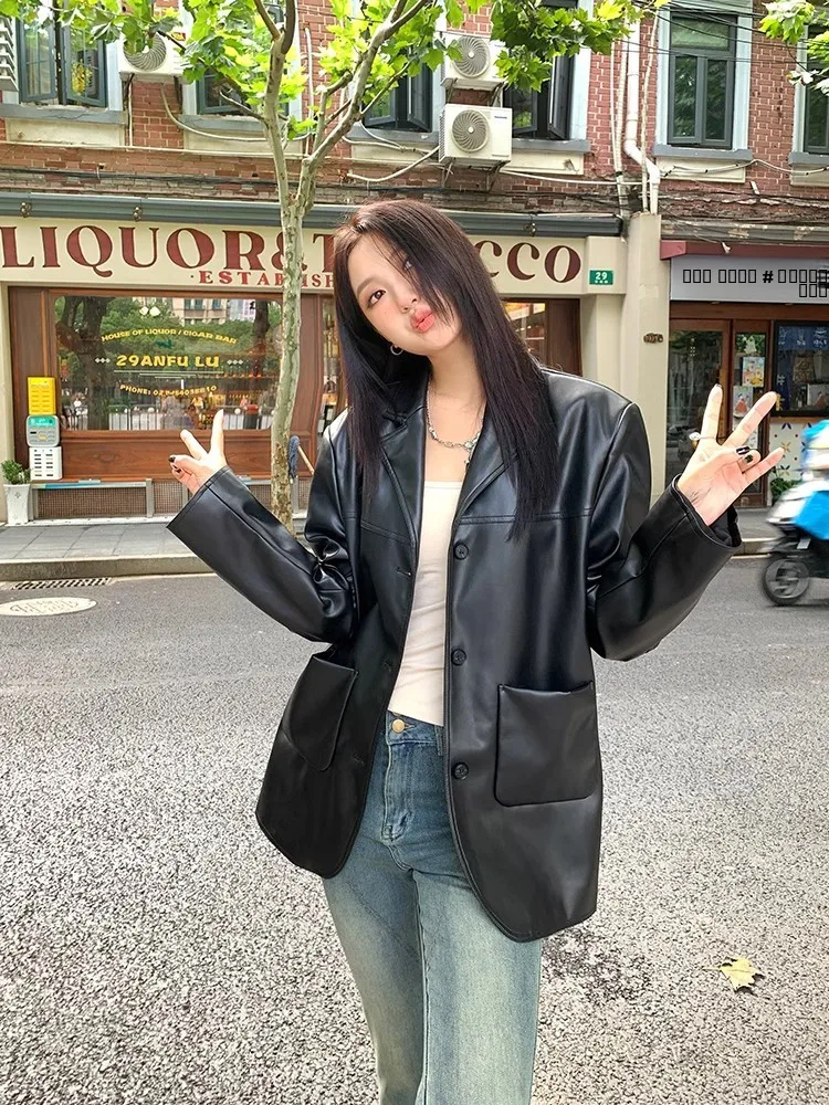 

Черная куртка из искусственной кожи для женщин, повседневная, свободного кроя, верхняя одежда для осени и зимы, модное пальто с длинными рукавами для работы и повседневной носки