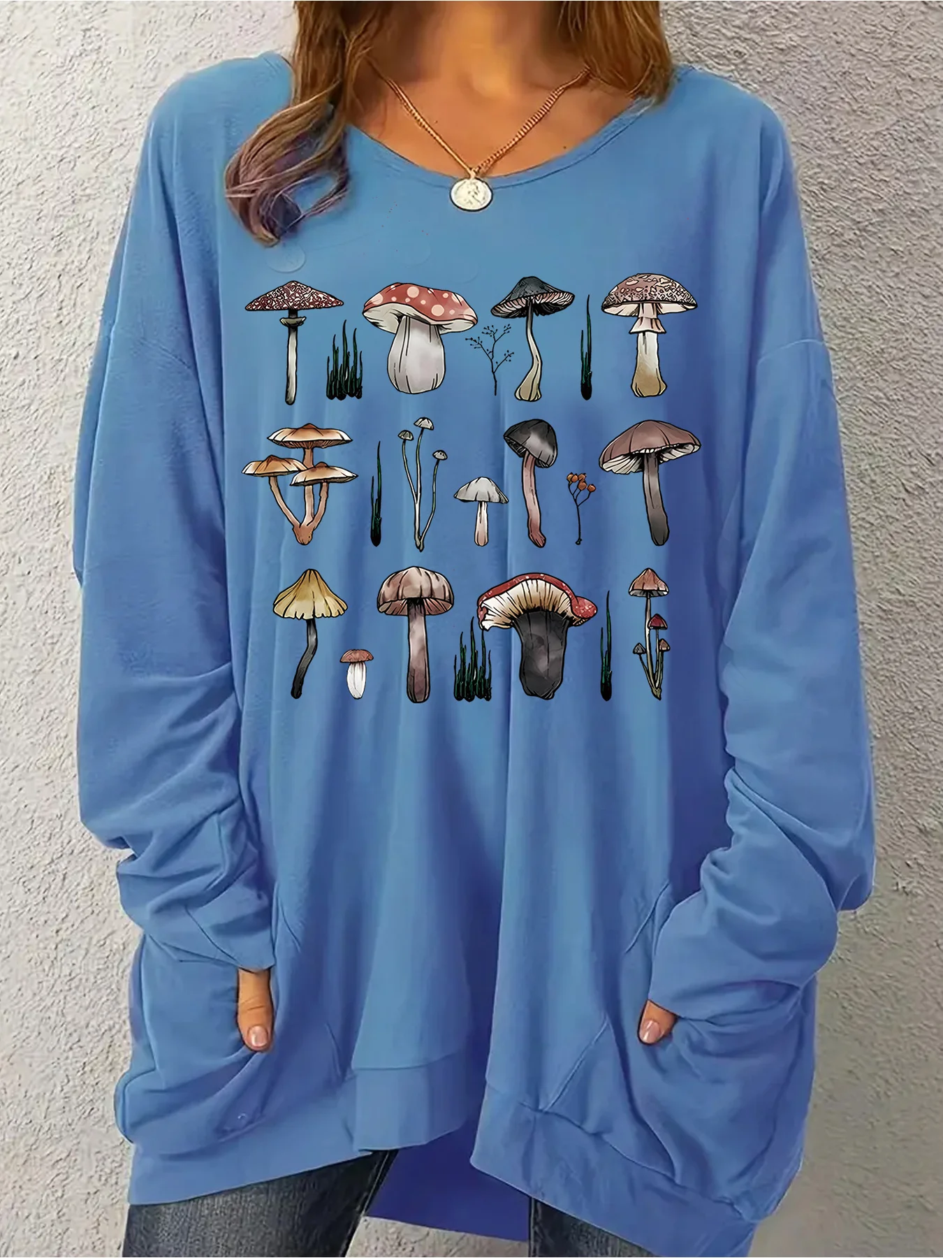 

Fashionable plus size women's clothing with a fresh forest style! Hand drawn mushroom catalog printed long sleeved hoodie