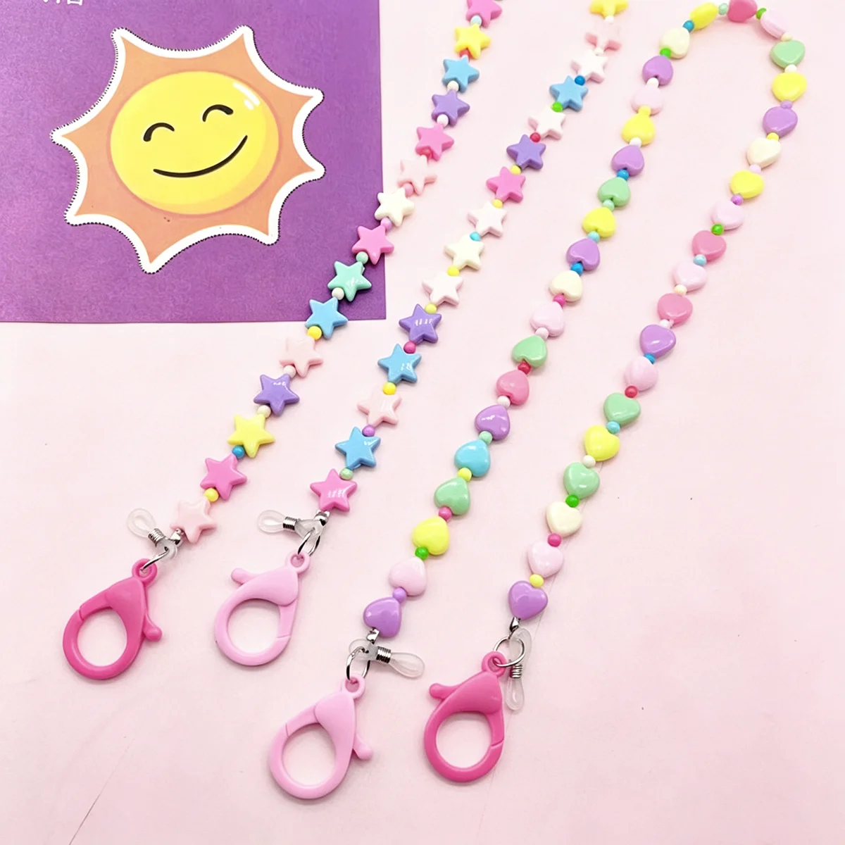Cartoon Colored Bright Face Heart-Shaped Pentagram Short Glasses Chain, Children's Multifunctional Hat Hanging Rope Glasses Rope