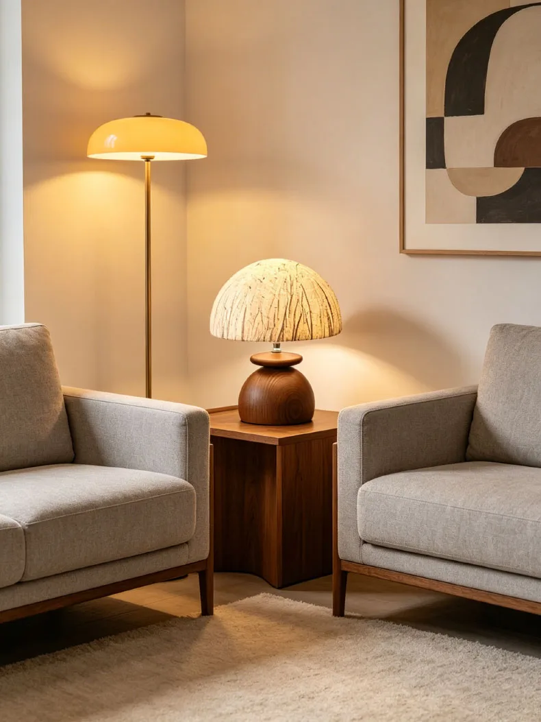 Paper Lampshade Table Lamp Brown Wood Base E27 Bulb For Roon