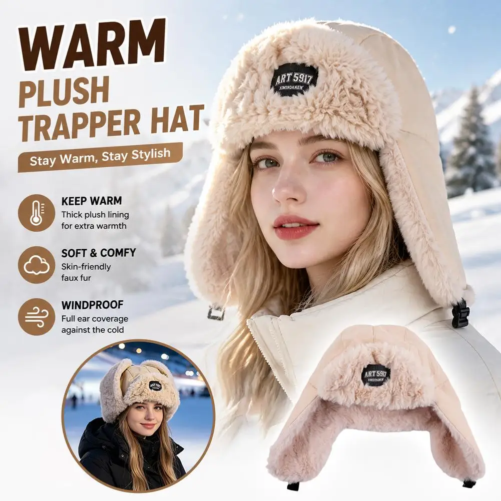 Winter Trapper Hat Thick Plush Lining Windproof Ear Protection Dual Wear Design Adjustable Buckle Warm Flight Cap for Skiing