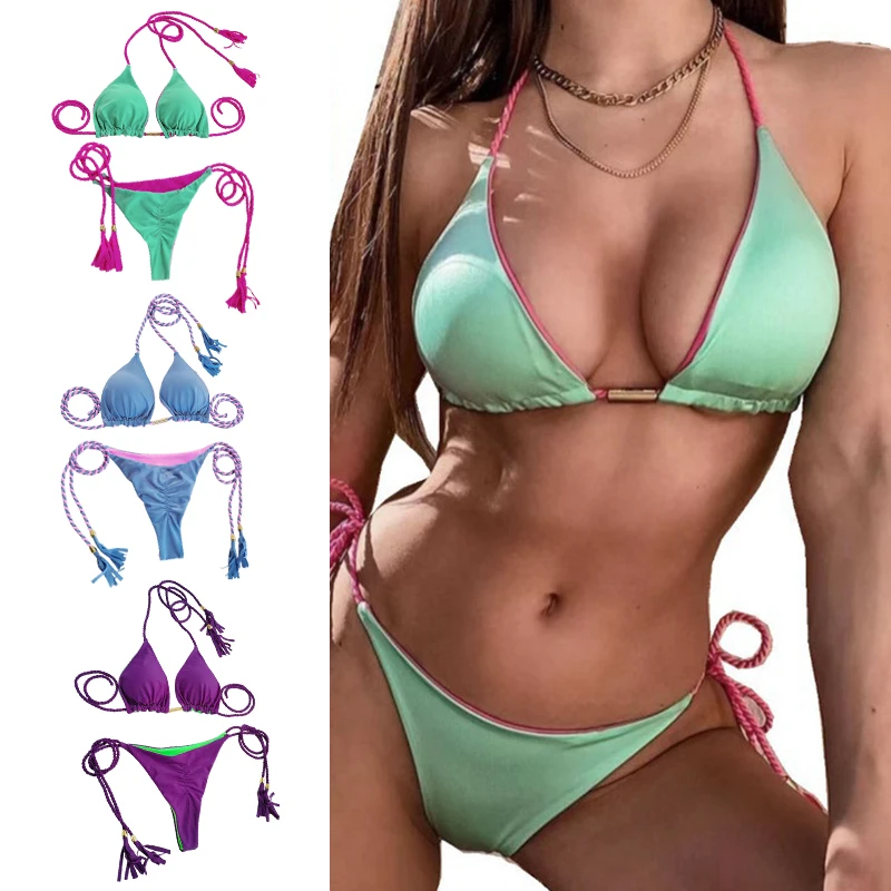 

Trendy Halter Neck String Bikini with Lace-up Detailing