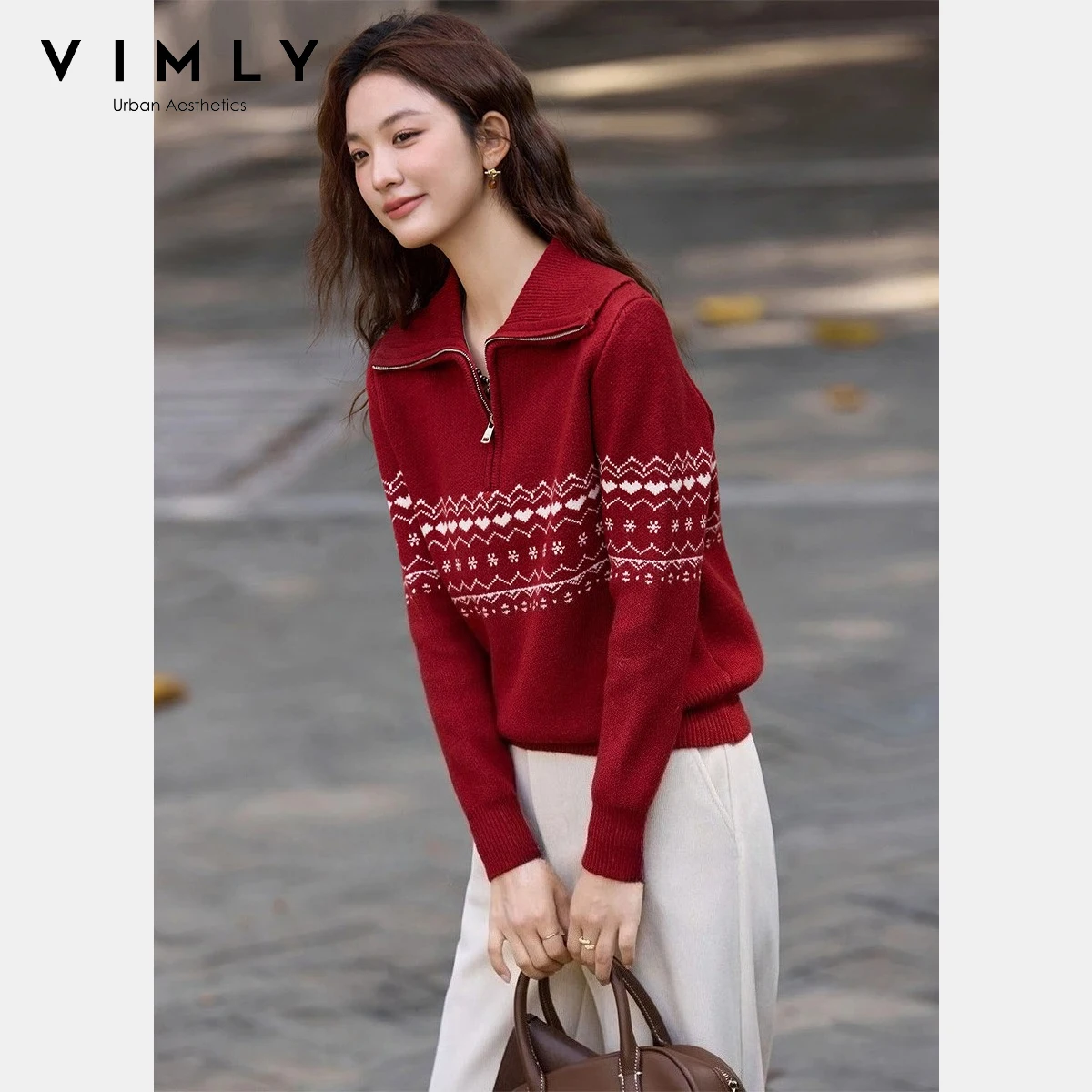 VIMLY Sweater Women's Winter 2025 New Fair Isle Jacquard Lapel Collar Zipper Knitwear Commuting High Elasticity Women Tops 75288