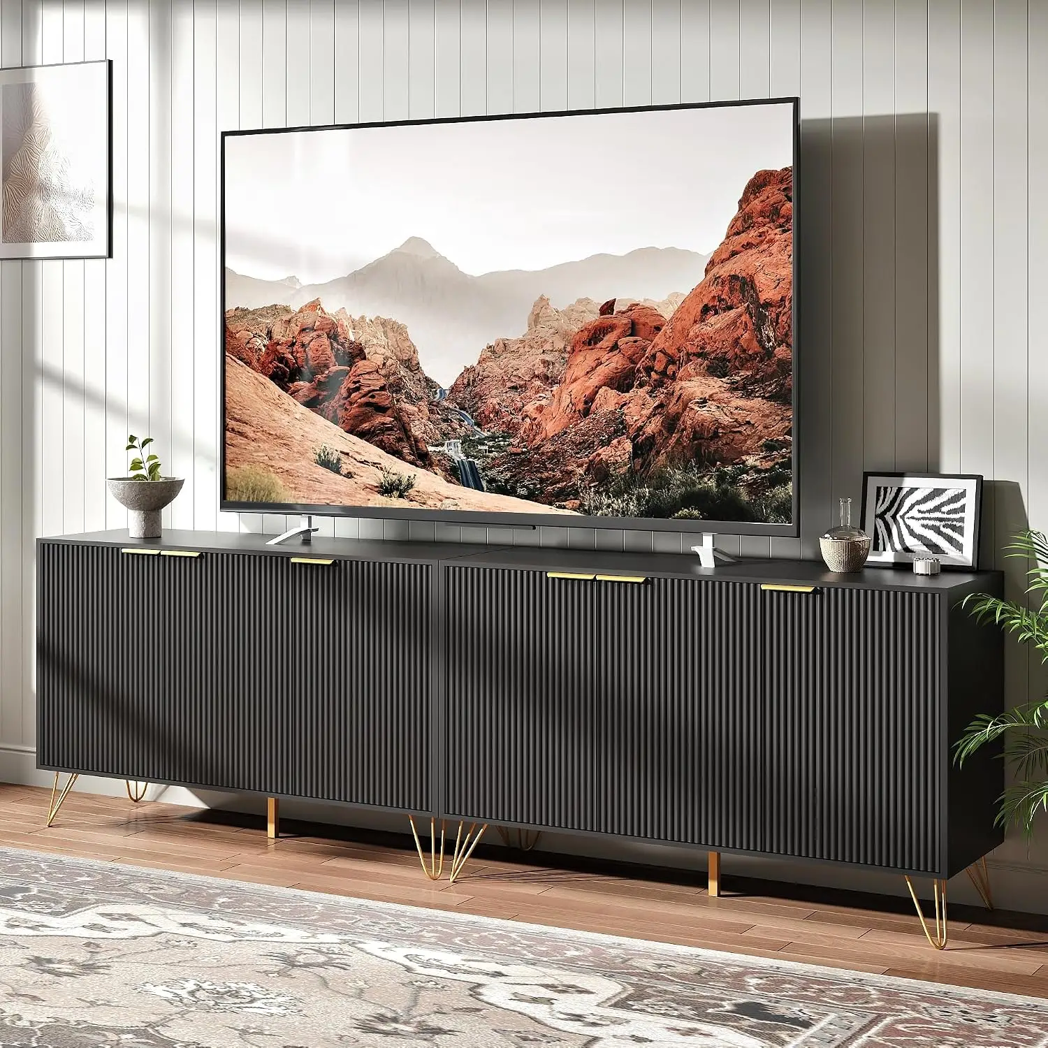 94.5 Inch Fluted TV Stand with 2 Storage Cabinets, Black Modern Entertainment Center with Adjustable Shelves & Gold Handles, Woo