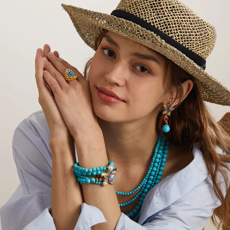 Vintage Turquoise Starfish Jewelry Sets Evening Dress Multilayer Beads Necklace Natural Drop Earring Stone Strand Bracelet 2026