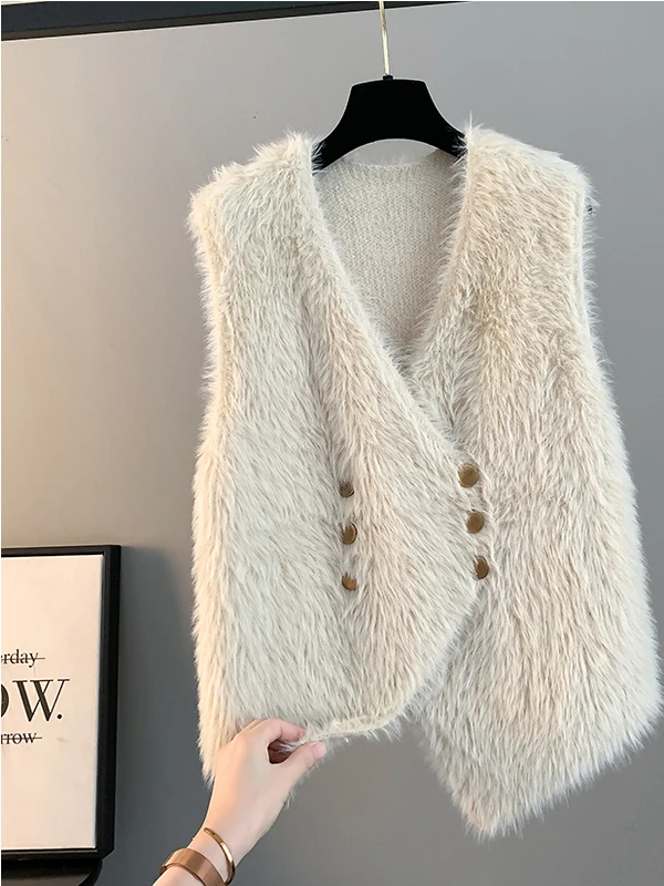 Women's Spring Autumn 2025 New Korean Design Sensation Water Rabbit Fur Vest Sleeveless Shoulder Pad Jacket Hot Selling Top