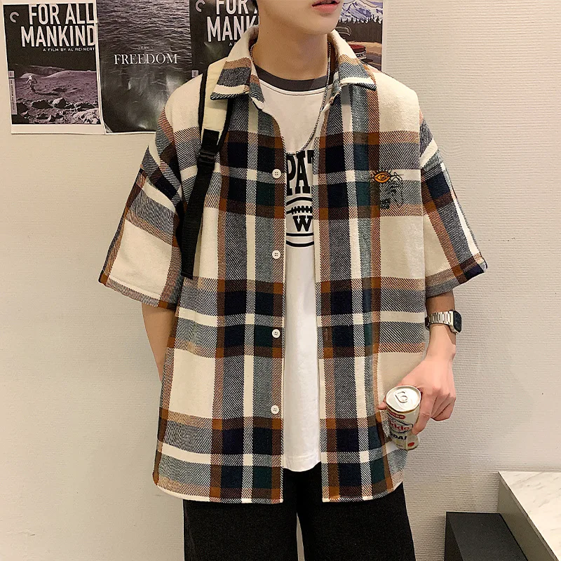 2023 New 100% Cotton Men Casual Plaid Shirt Short Sleeved Korean Style Fashion Striped Loose Harajuku Clothes Streetwear 2XL 3XL