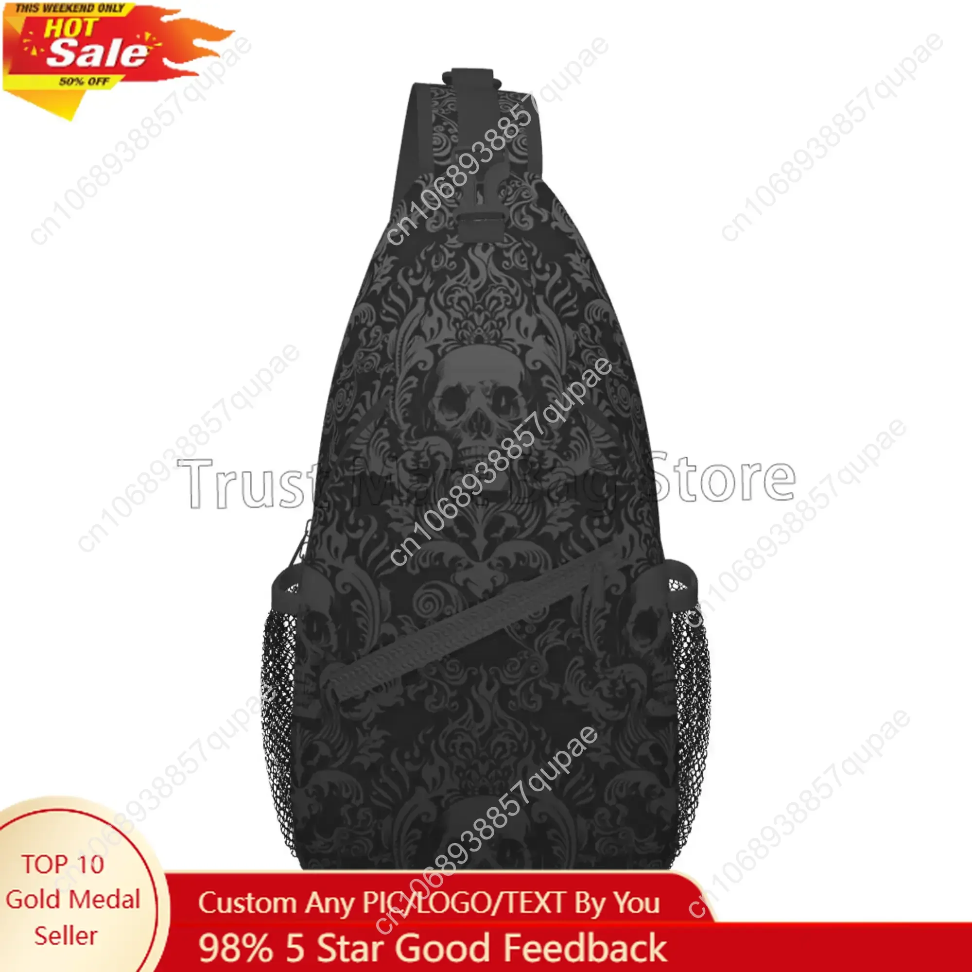 

Vintage Black Gothic Skull Damask Sling Bag Crossbody Shoulder Bag Casual Sling Backpack Chest Bag Travel Sports Hiking Daypack