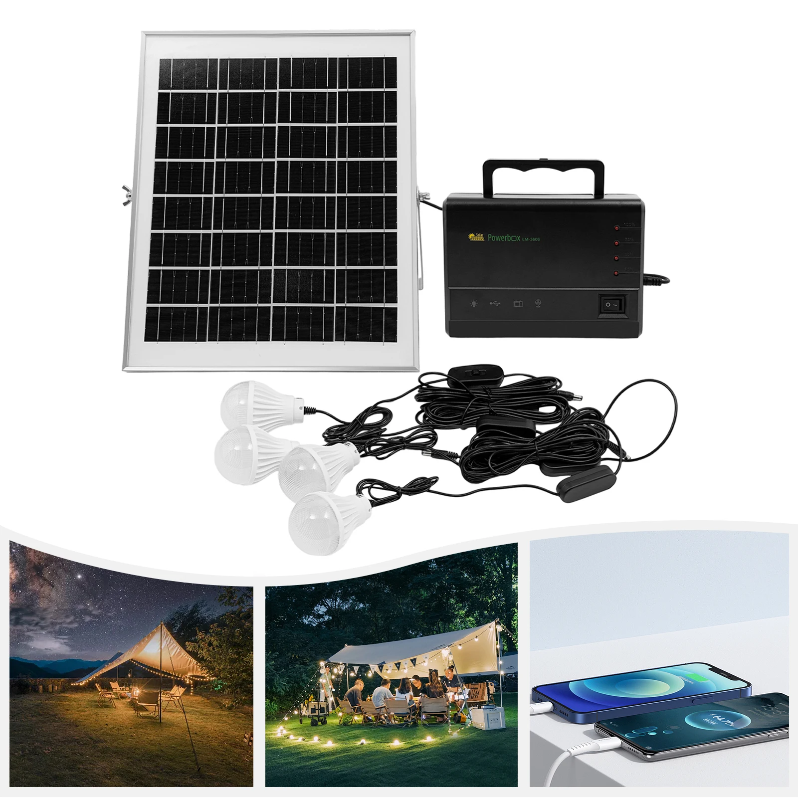 

Solar Power Inverter with 4 Bright White LED SMD Bulbs Emergency Lighting Solar Generator