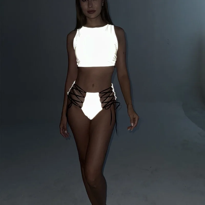 Bikini reflectante iridiscente, traje de baño Sexy que brilla en la oscuridad, ropa de playa Rave, Bikini con borlas, traje de baño Sexy, ropa de playa que brilla en la oscuridad para fiesta