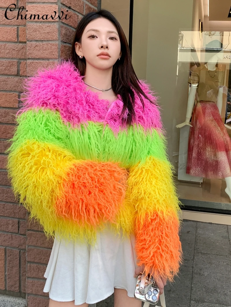 

Autumn Winter New Heavy Contrast Color Furry Coat Female Hot Girl Long Sleeve Imitated Mongolia Sheep Fur Luxury Elegant Jackets