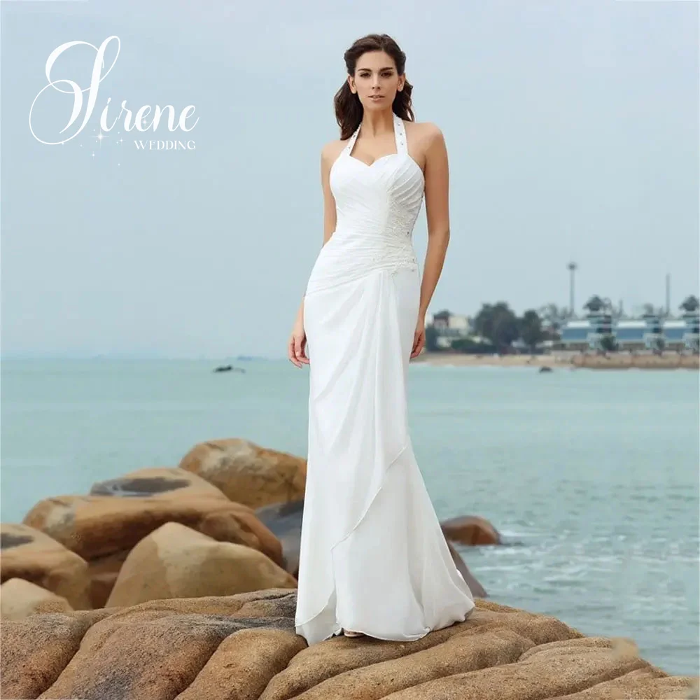 Sirene-Sereia Plissados Vestidos De Casamento, Vestido De Noiva Sem Mangas Simples Sem Costas, Botão De Volta, Custom Made, Cabresto, 2024