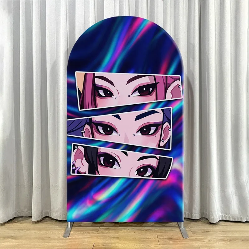 Non Elastic Kpop Demon Hunters Arch Backdrop Cover Single-layer Vibrant Star-Themed Backdrop for Parties and Events Neon Purple