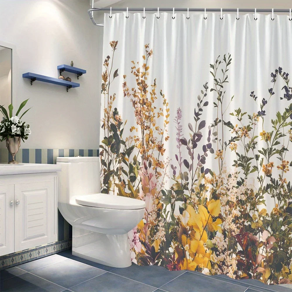 

1 Яркая занавеска для душа Wildflower Garden — теплый желтый, белый и розовый цветочный узор, полиэфирная ткань с крючками