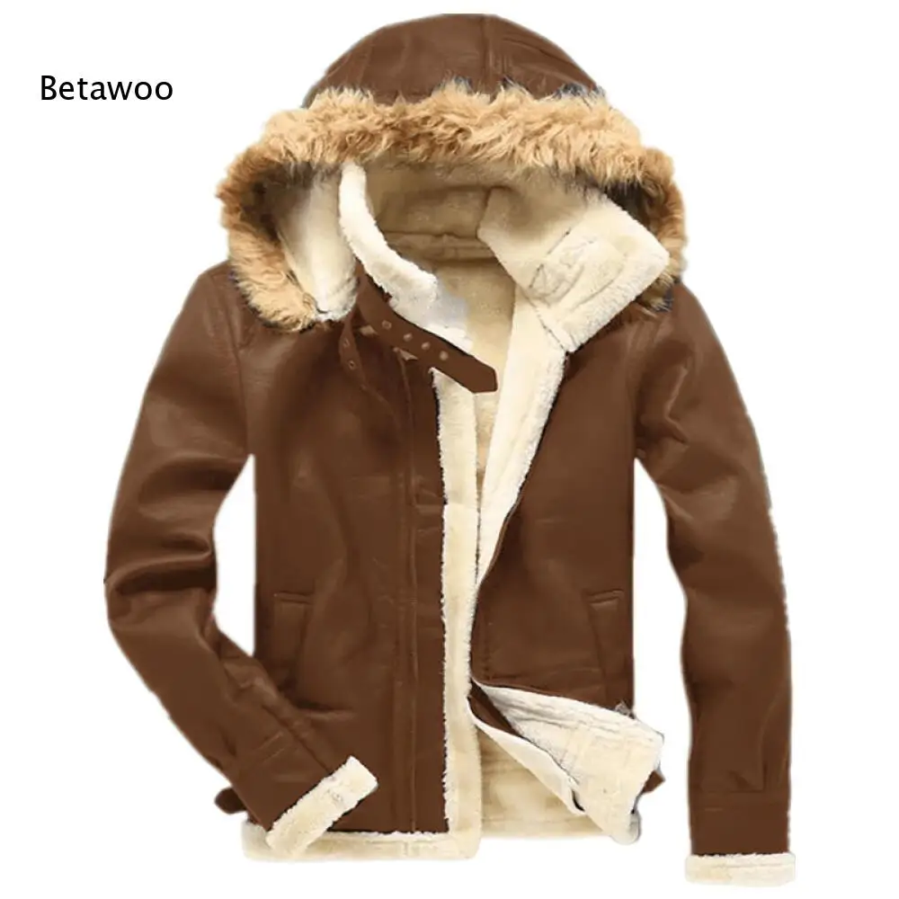 Men Hooded Faux Leather Jacket Furry Trim Sherpa Lined Warm Winter Coat With Pockets For Cold Weather Daily Outdoor Wear