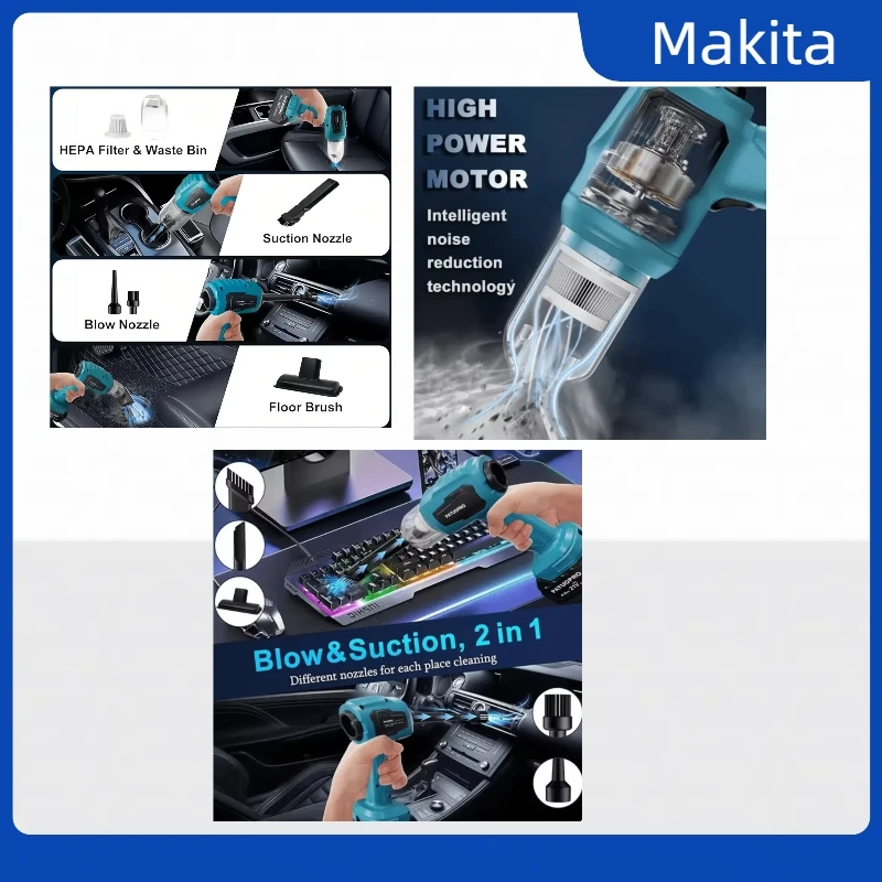 ماكيتا قوي شفط مكنسة كهربائية صغيرة لاسلكية محمولة منظف منزلي منفاخ مع 7 فوهات تنظيف مساحة العمل #3