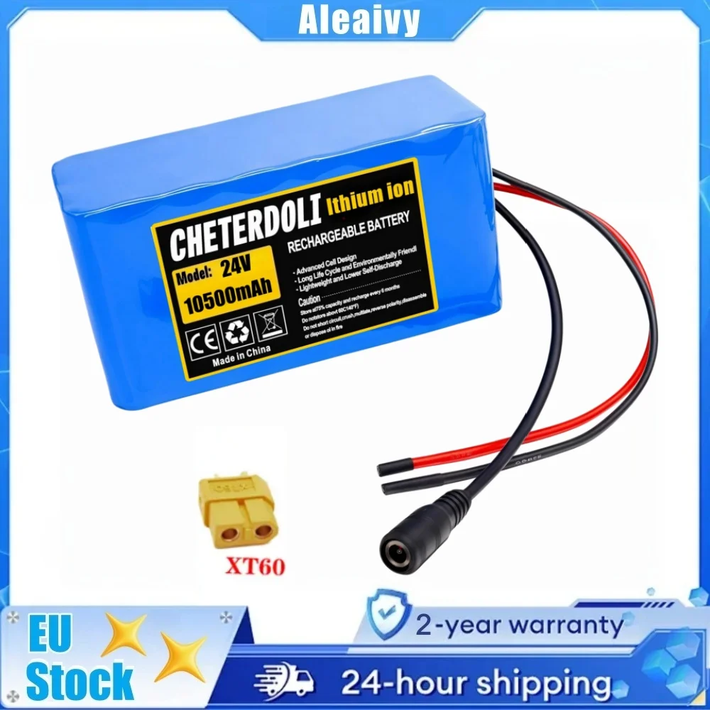 Batteria al litio 18650 da 24V 10,5Ah con BMS integrato, 29,4V 10500mAh, 350W 500W, per biciclette elettriche, ciclomotori elettrici, pacco batteria agli ioni di litio e caricabatterie EU 2A