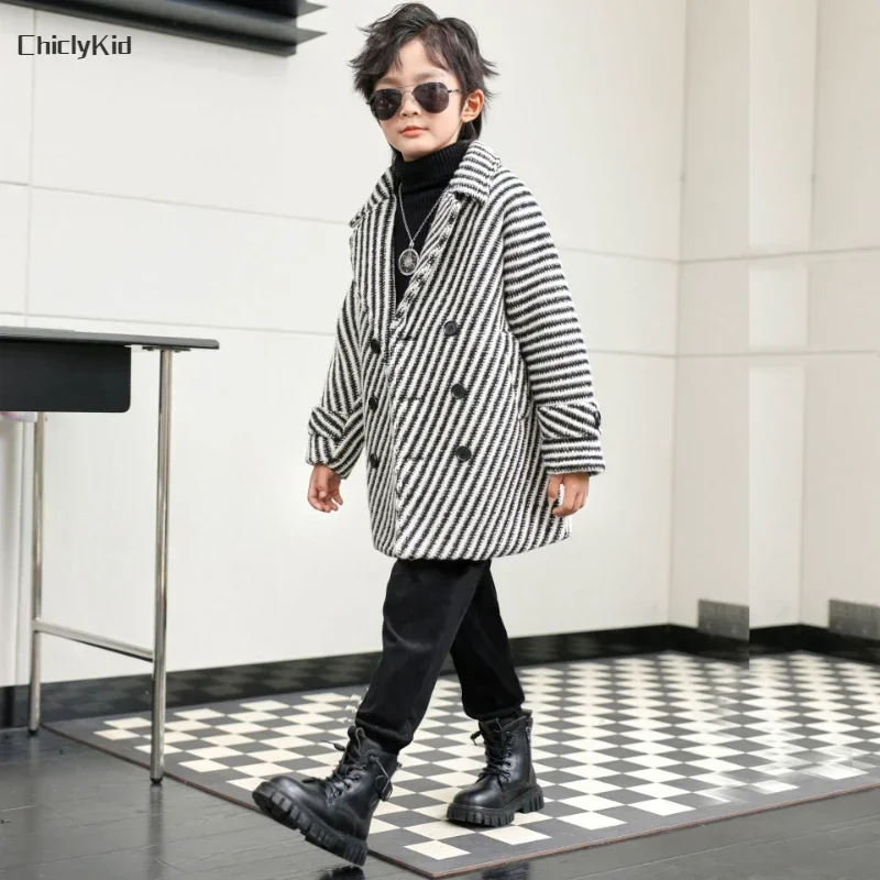 Boys Winter & Fall Chesterfield Coat Kids Black and White Striped Jacket Toddler Child Velvet Houndstooth Thick Woolen Overcoat