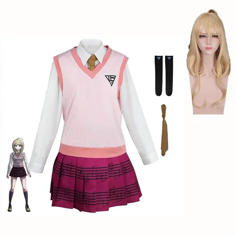 

Anime Danganronpa Kaede Akamatsu Cosplay Costume Pink Vest Shirt Skirt Uniform Suit Wig For Women Girls Halloween Carnival Party