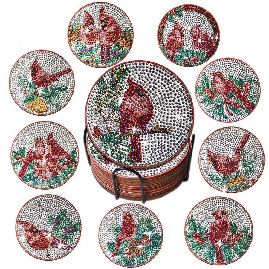 

10PCS DIY Diamond Painting Coaster with Coaster Holder Diamond Painting Art CraftS Red Parrots Pattern 10*10cm