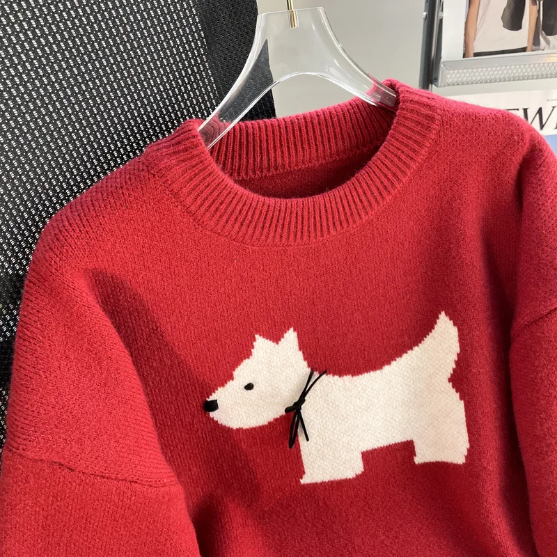 Hsa Cartoon Red Sweater Women's Autumn and Winter 2023 New Sweet and Age Reducing Design Sense Korean Version Thickened Bottom K