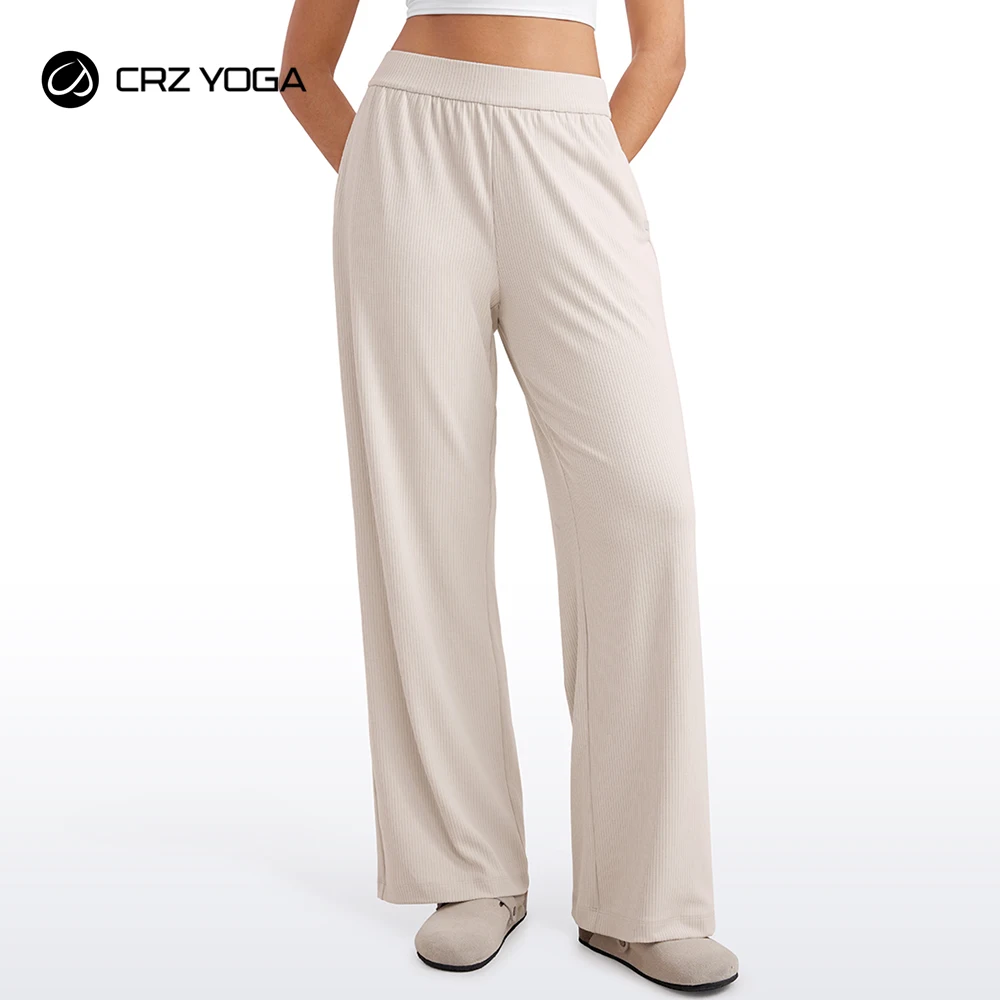 CRZ YOGA Comfy Ribbed Sweatpants Women 30.5'' Wide Leg Casual Lounge Travel Pants with Pockets