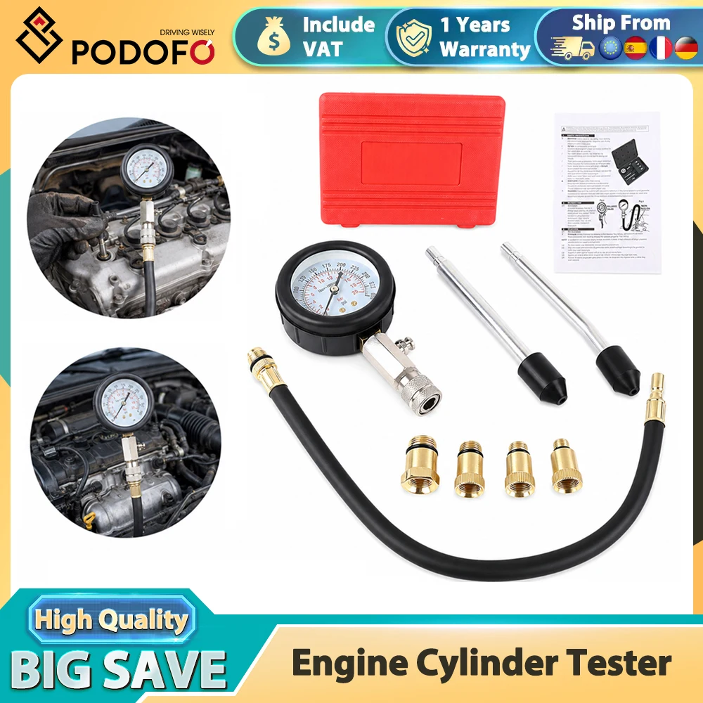 Podofo 8-teiliges Set: Professionelles Zylinderdruckmessgerät für Benzinmotoren, Kfz-Zylinderprüfgerät, Druckmessgerät für Autos mit M10-, M12-, M14- und M18-Adaptern für Benzin- und Gasmotoren.