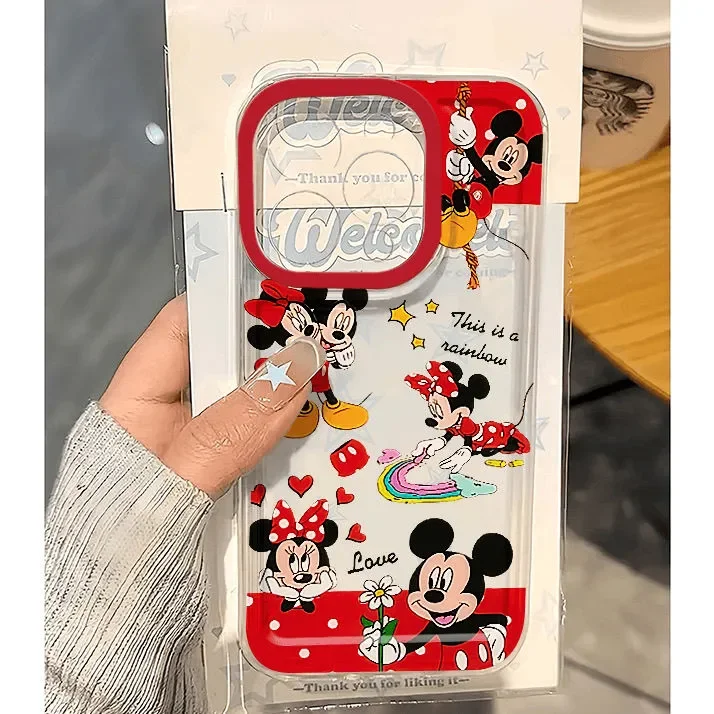 Disney Mickey Minnie Mouse Red Flower Bow Phone Case For iPhone 16 14 12 13 11 15 Pro Max XR XS MAX 7 8 Plus Y2K Kawaii Cover