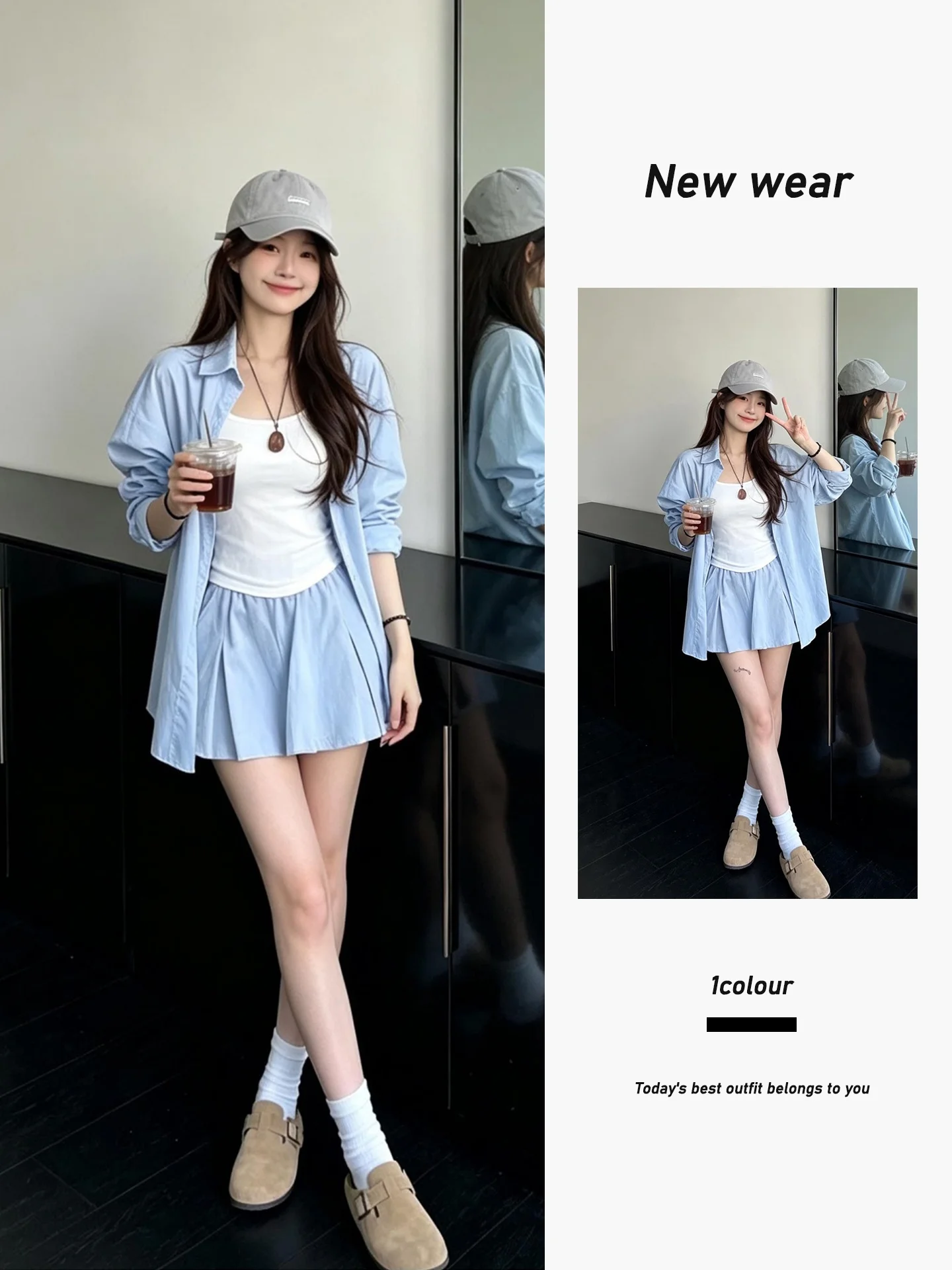 Early Autumn Loose Long Sleeve Blue Shirt White Enhancing Slim Fit Camisole  Skirt Three Piece Set Casual Commute Style