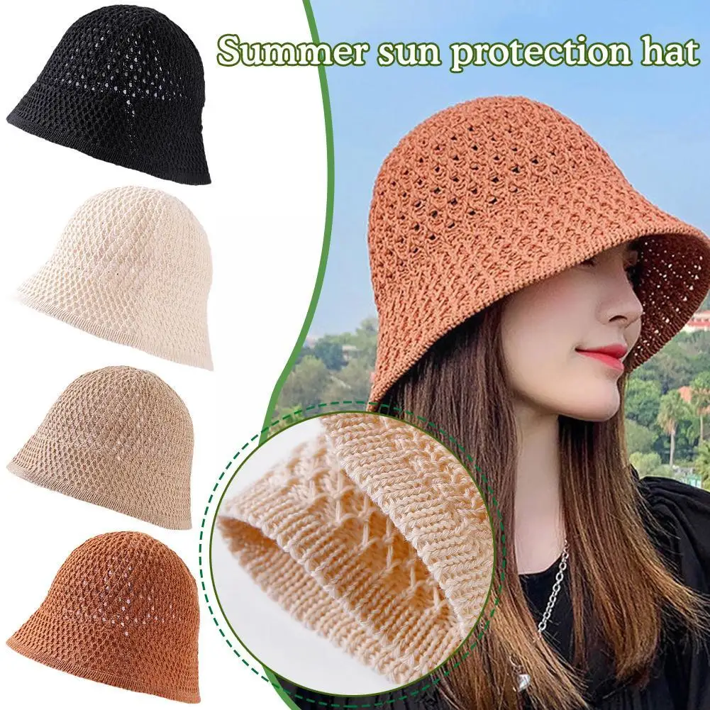 Handmade Crochet Floppy Summer Hats Collapsible Solid Bucket Women Hat Out Hollow Beach Simplicity Hat Caps Soft Dome C T4P1