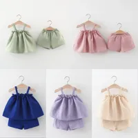 2PCS Summer New Solid Cotton Linen Set Two Piece Fashion Children's Clothing with Suspended Top and Shorts